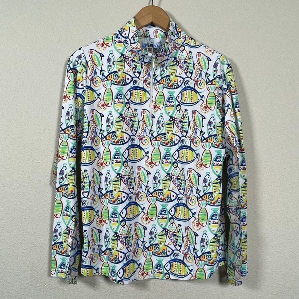IBKÜL Sun Shirt Women L White Multi Fish Print Coastal Golfcore UPF 50 Whimsical